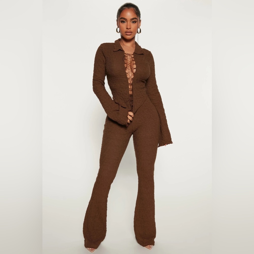 Fashion Nova - All About Me Textured Pant Set - Brown size Small